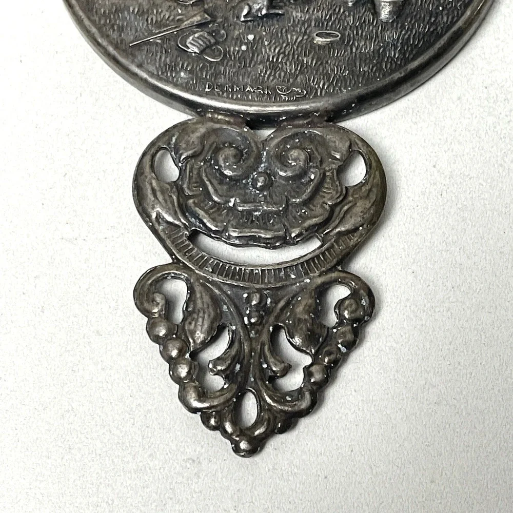 Vintage Hans Jensen Denmark Silverplate Repousse Hand Mirror Tavern Scene 4.5